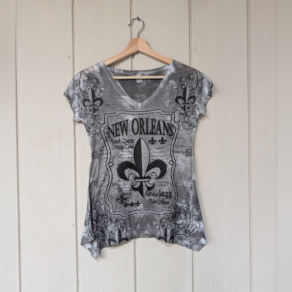 Y2K Bling New Orlens Fleur De‎ Lis Embellished Top Grunge Mall Goth